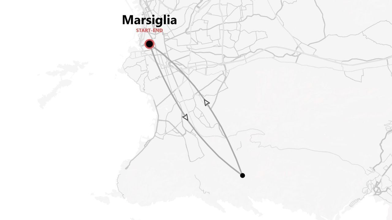 Una mappa minimalista in scala di grigi che mostra un itinerario di andata e ritorno con punto di partenza e arrivo nella città di Marsiglia.