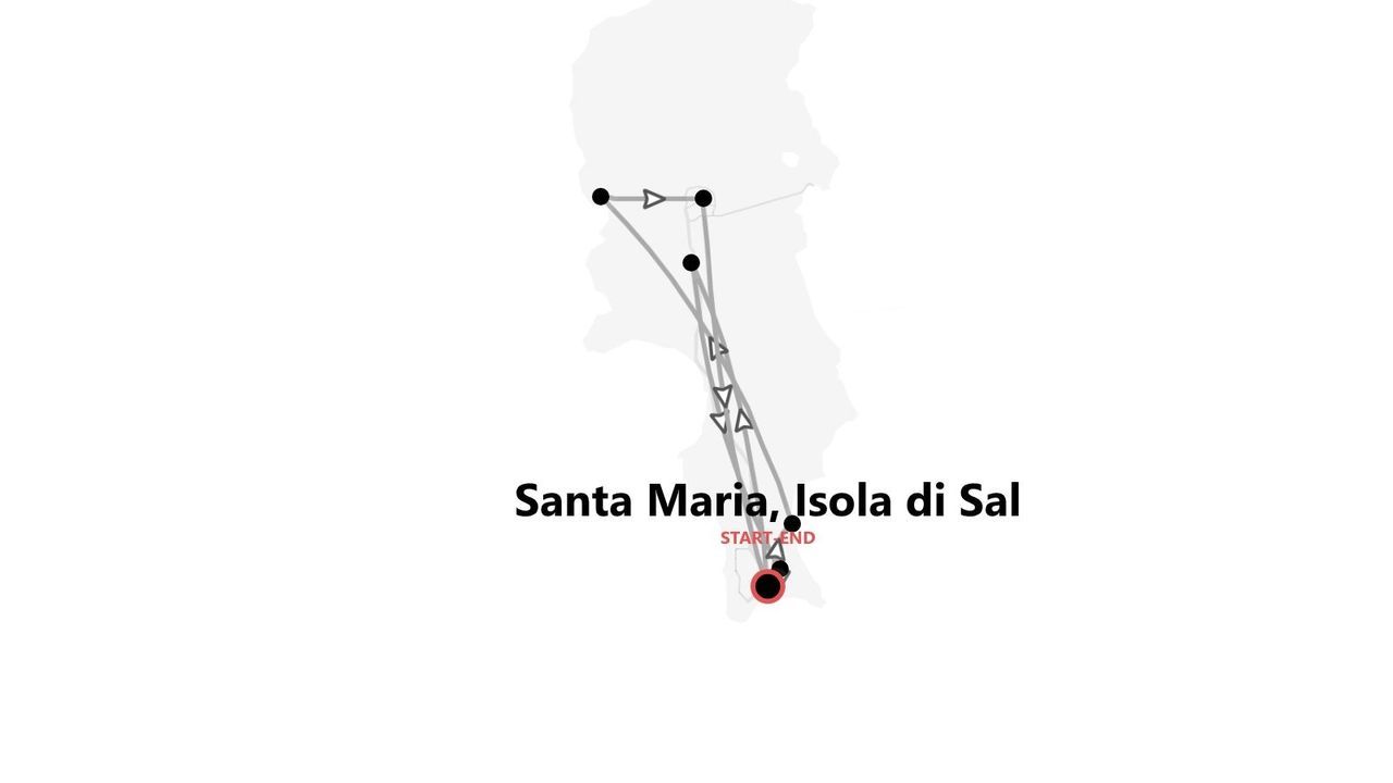 Mappa dell'itinerario di viaggio per l'Isola di Sal, con i punti di partenza e arrivo evidenziati a Santa Maria.