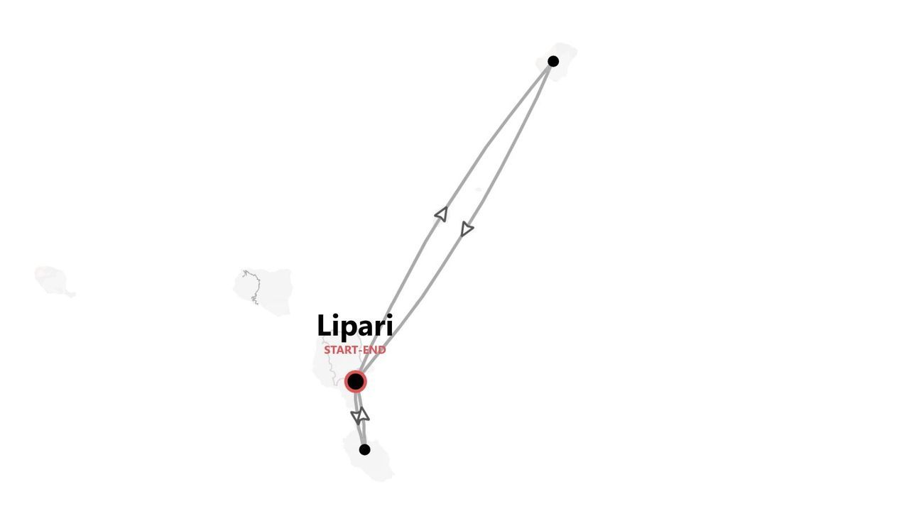 Una mappa minimalista che mostra un itinerario di viaggio con partenza e arrivo sull'isola di Lipari, collegando altre due isole.