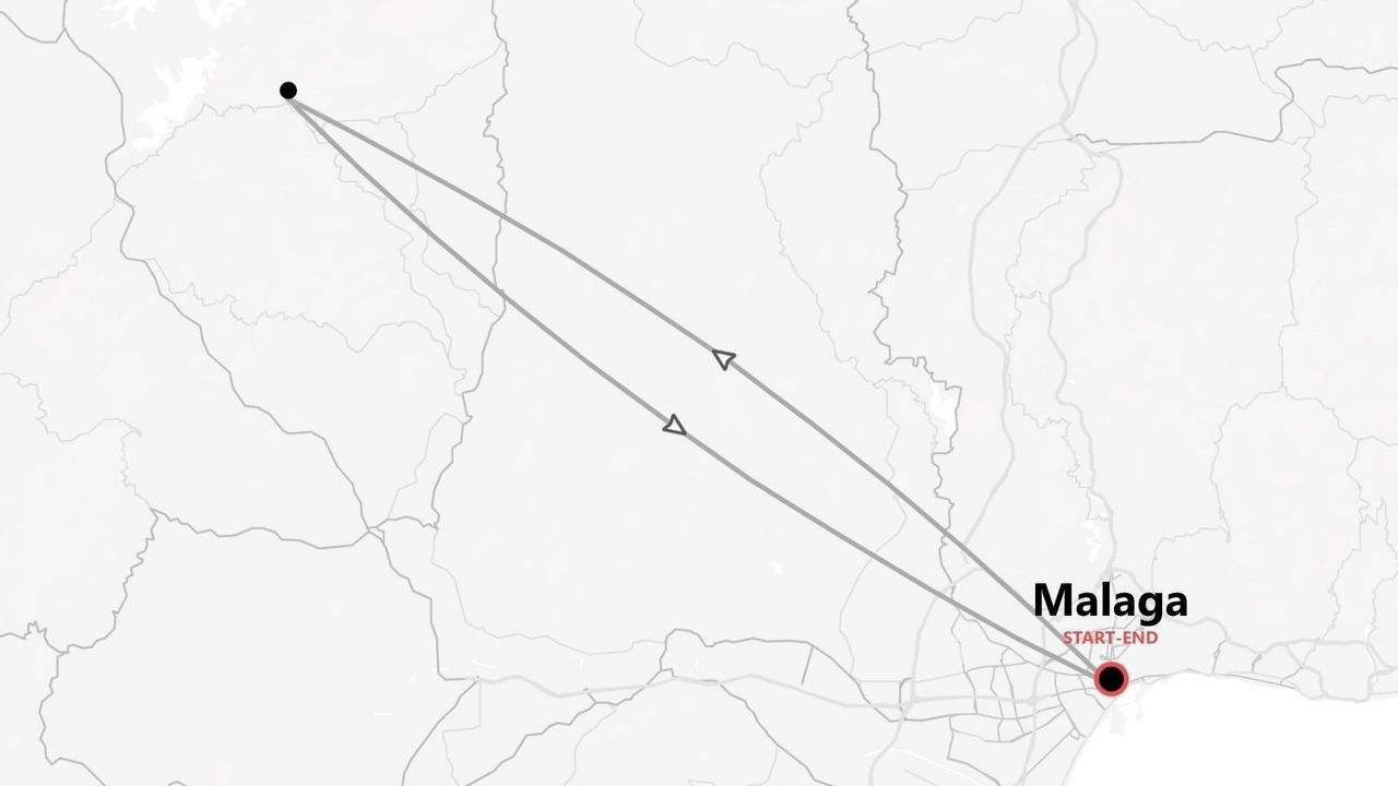 Une carte montrant un itinéraire de voyage aller-retour qui débute et se termine à Malaga.