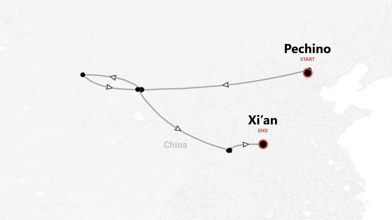 Mappa di un itinerario di viaggio in Cina, da Pechino a Xi'an, con il percorso evidenziato da una linea.