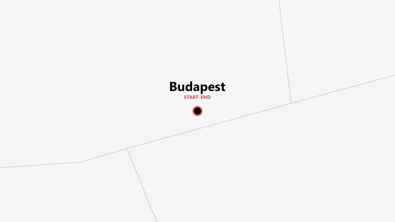 Une carte minimaliste montrant Budapest comme point de départ et d'arrivée d'un voyage, marquée d'une épingle circulaire.