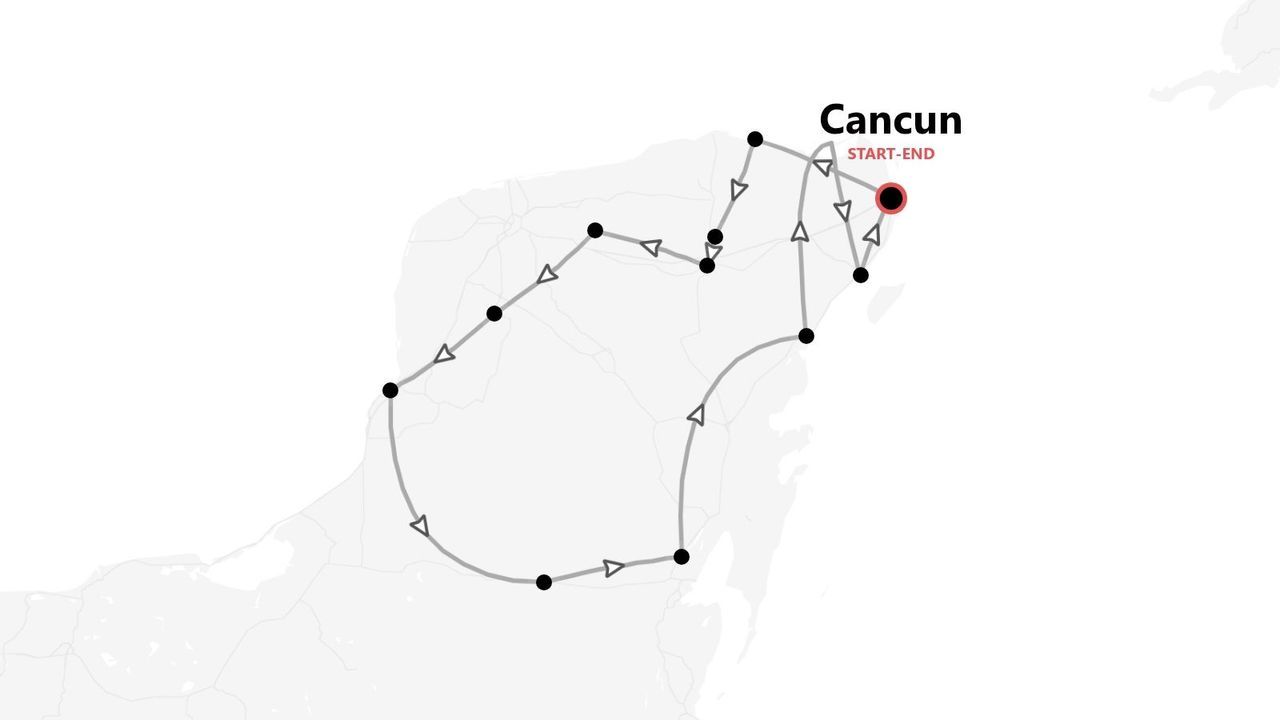 Eine Reisekarte mit einer Rundreise über eine Halbinsel, die in Cancun startet und endet.