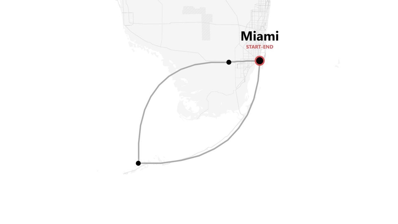 Mappa di un itinerario di viaggio circolare con partenza e arrivo a Miami.