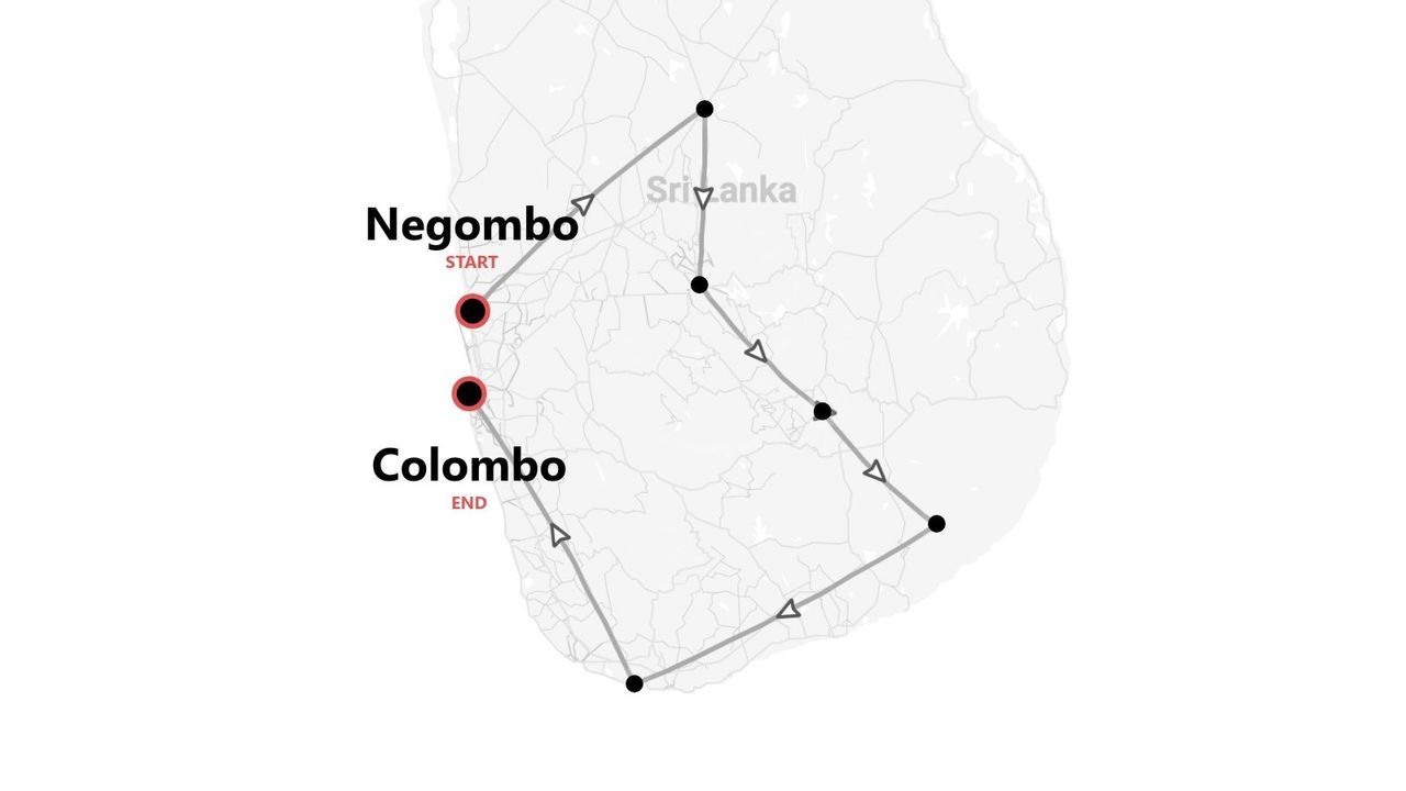 Mappa di un itinerario di viaggio in Sri Lanka, che mostra un percorso che inizia a Negombo e termina a Colombo.