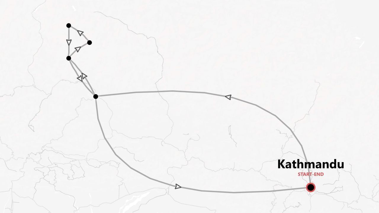 Mappa di un itinerario di viaggio con diverse tappe, con partenza e arrivo a Kathmandu.