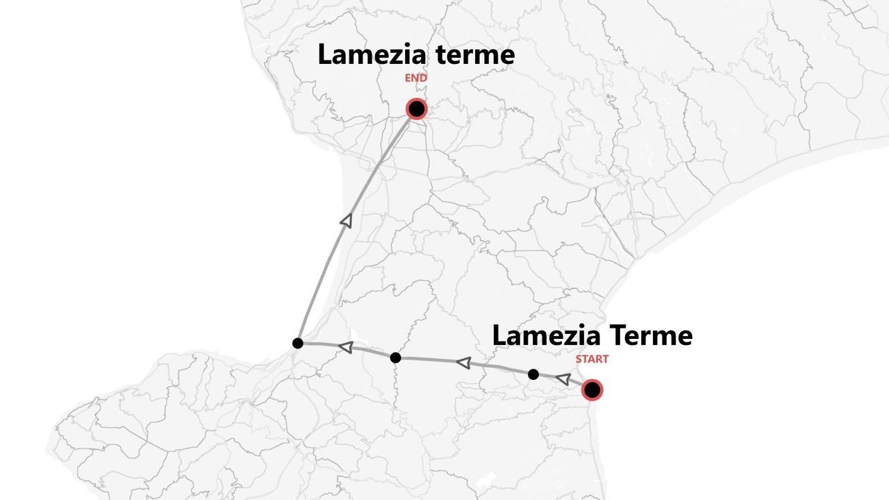 Mappa in scala di grigi di un itinerario di viaggio con partenza e arrivo a Lamezia Terme.