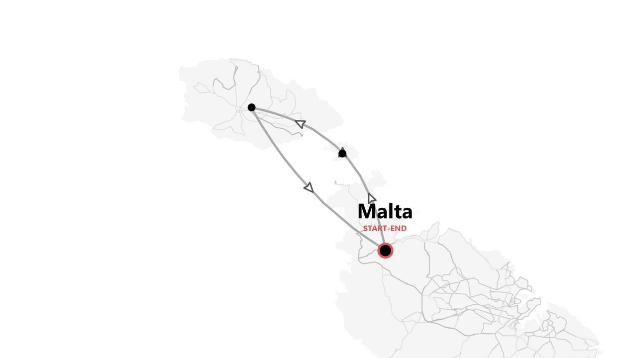 Una mappa minimalista che mostra un itinerario di viaggio a Malta, con punti di inizio e fine segnati e un percorso che collega diverse tappe.