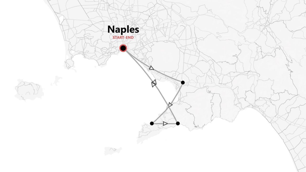 A map of a travel itinerary showing a round trip that starts and ends in Naples, Italy.