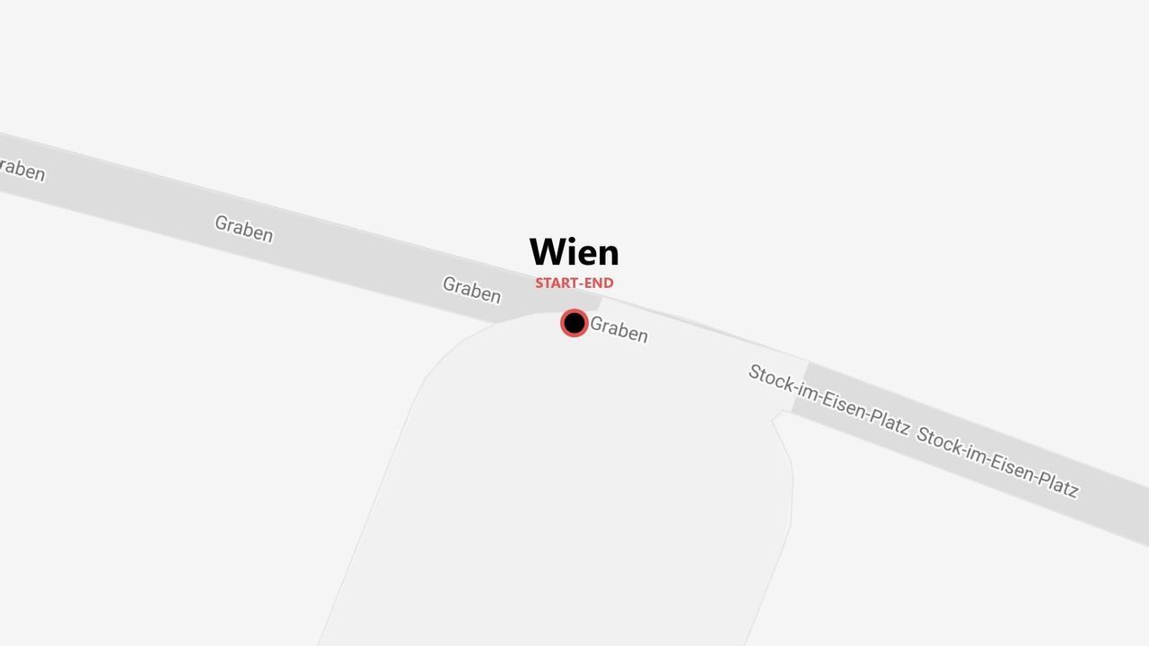 Eine minimalistische Karte mit Start- und Endpunkt in Wien, an der Kreuzung von Graben und Stock-im-Eisen-Platz.