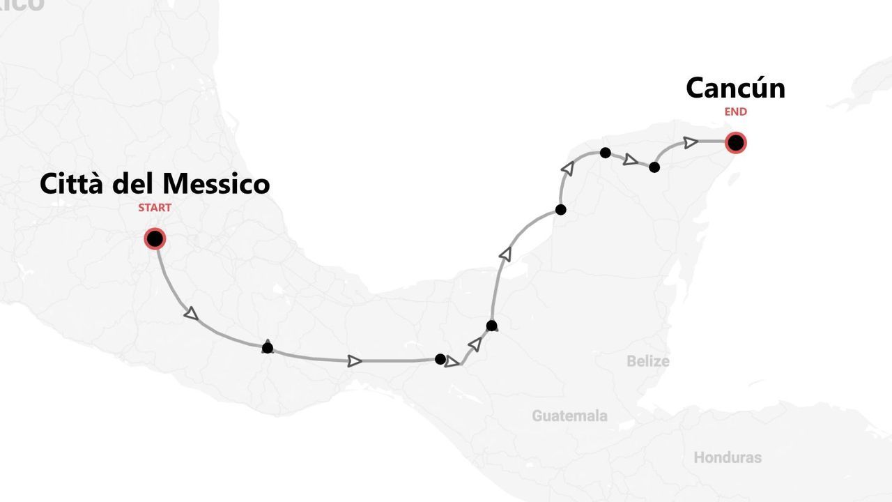 Una mappa che mostra un itinerario di viaggio attraverso il Messico, partendo da Città del Messico e terminando a Cancún.