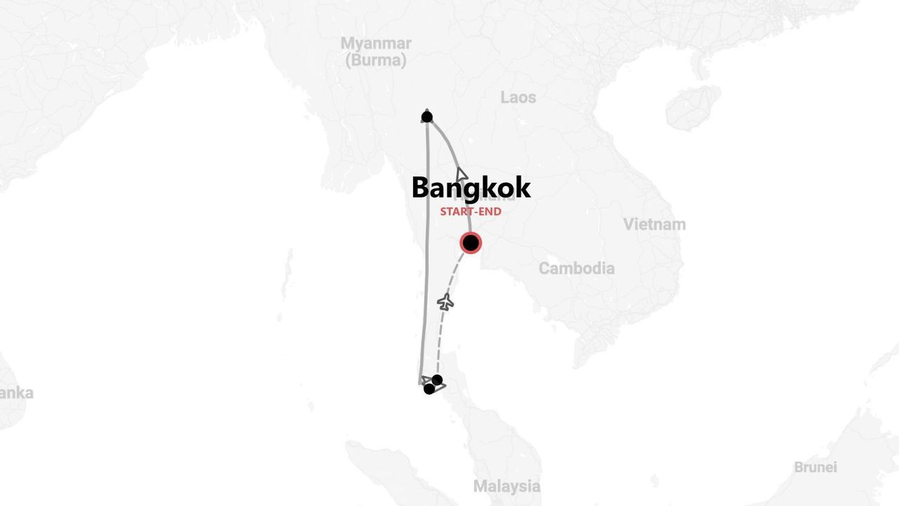 A map showing a travel itinerary through Thailand, with the route starting and ending in the city of Bangkok.