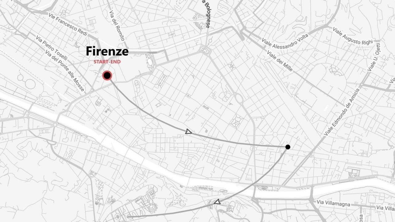Mappa di Firenze in bianco e nero, con un itinerario di viaggio segnalato 'INIZIO-FINE' che attraversa le vie della città.