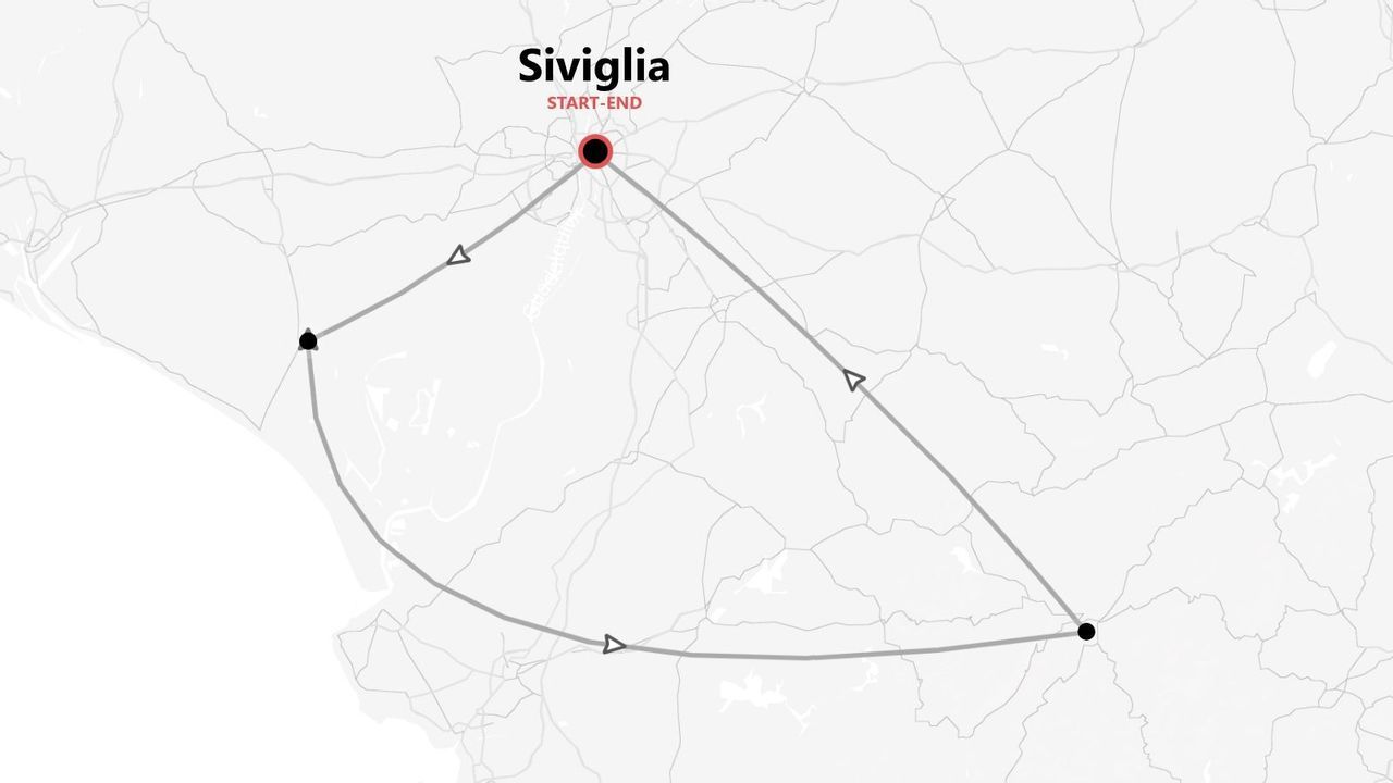 Mappa minimalista che mostra un itinerario di viaggio triangolare con partenza e arrivo a Siviglia.