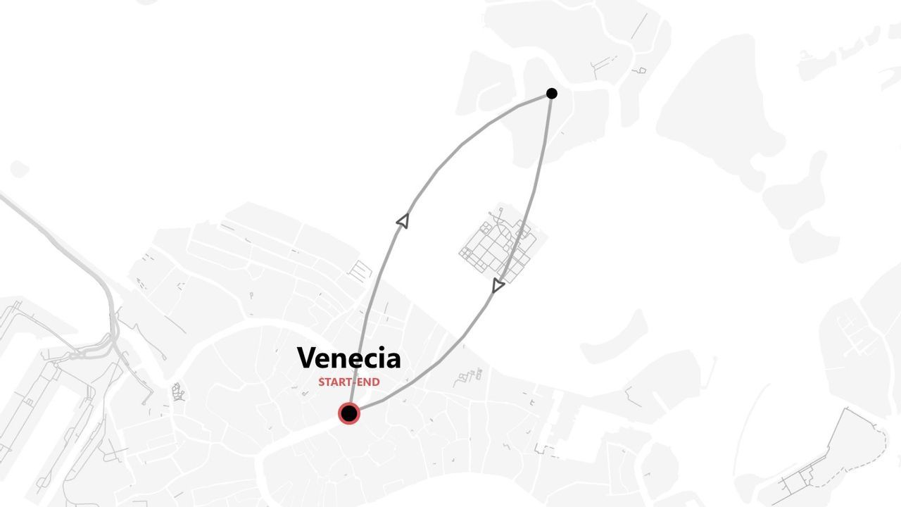 Un mapa minimalista que muestra una ruta de viaje con inicio y fin en Venecia.