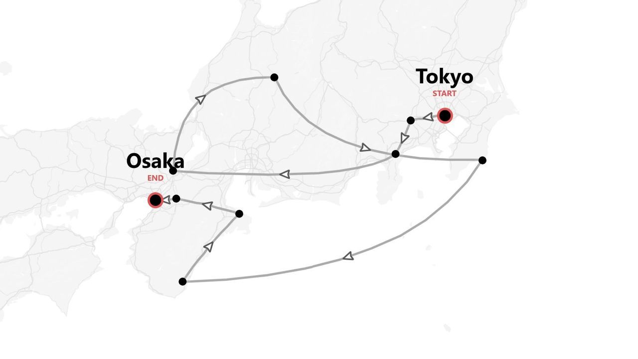 Mappa del Giappone: itinerario di viaggio da Tokyo a Osaka, con tappe intermedie.
