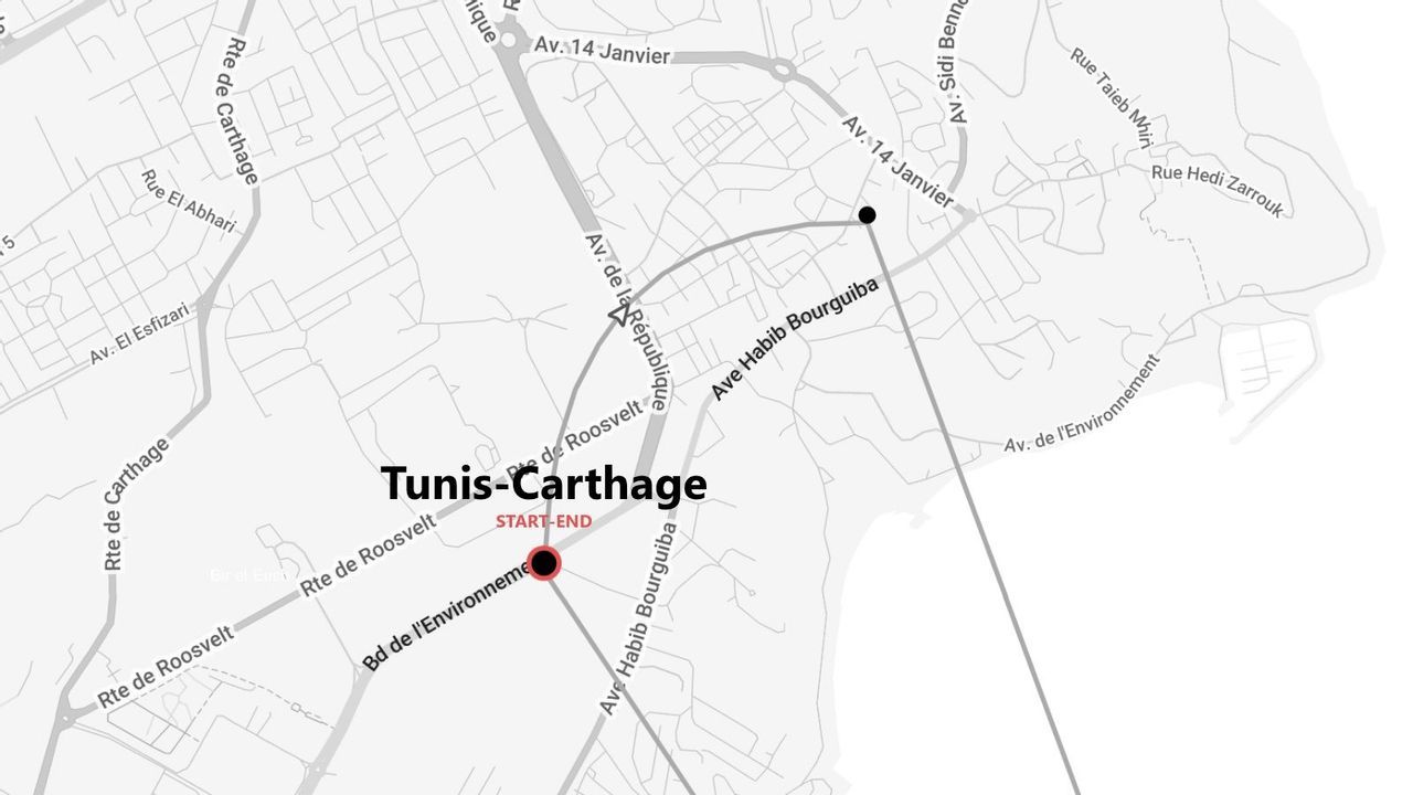 A black and white street map of Tunis-Carthage showing a route with a start and end point on Bd de l'Environnement.