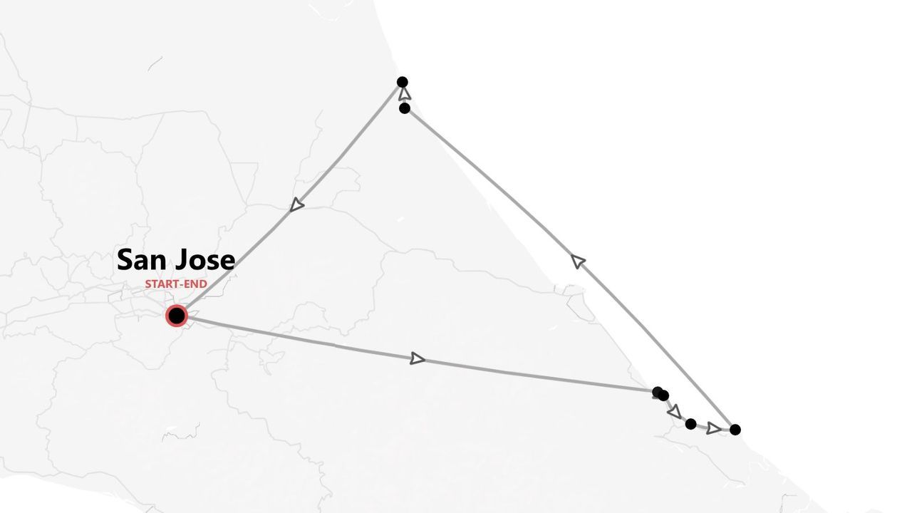 Una mappa che illustra un itinerario di viaggio triangolare con partenza e arrivo a San Jose, con diverse tappe indicate lungo il percorso.