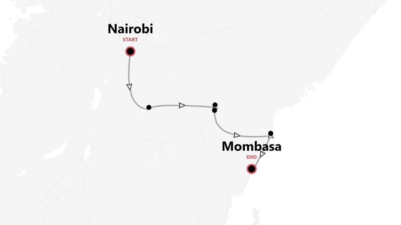 A map illustrating a travel route starting in Nairobi and ending in Mombasa.