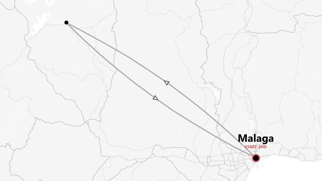 A grayscale map showing a travel itinerary. The route is a loop that starts and ends in the city of Malaga.