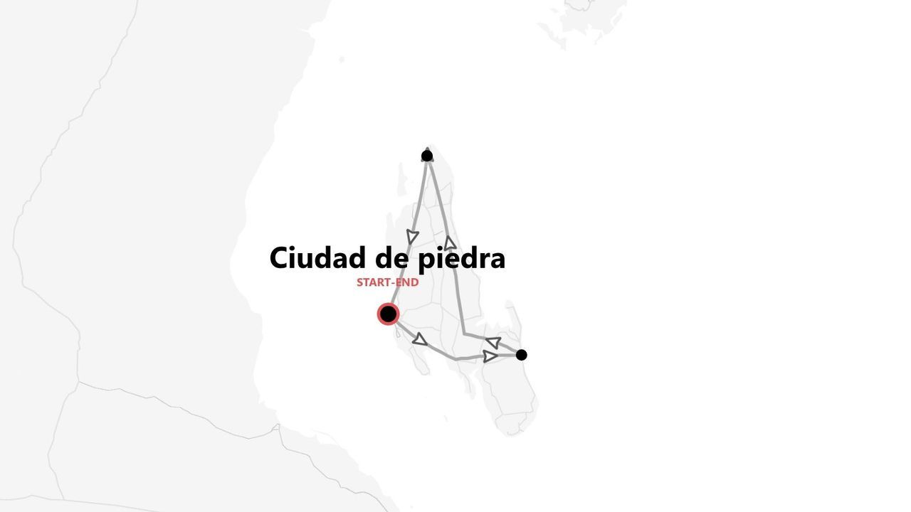 Mapa minimalista que ilustra el itinerario de viaje por Ciudad de piedra, con un punto de inicio y fin marcando una ruta circular.