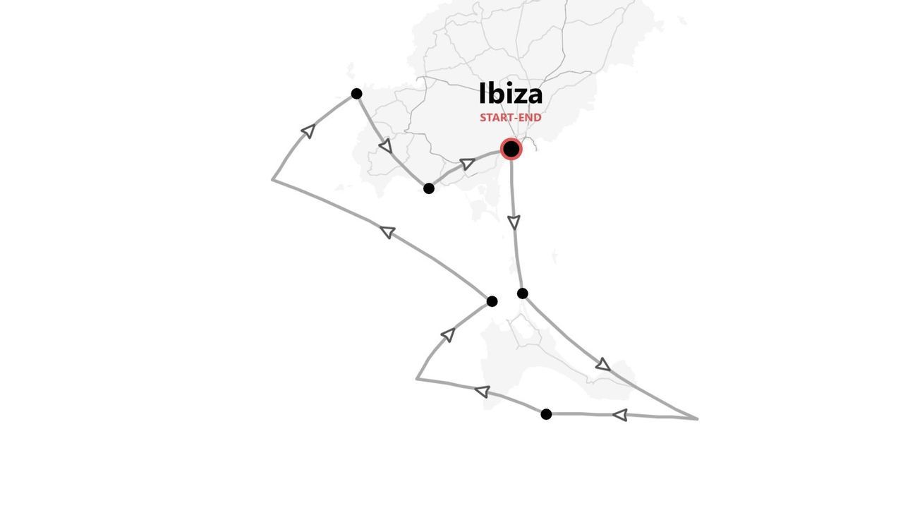 Mappa di un itinerario di viaggio circolare sull'isola di Ibiza, con diverse tappe, partenza e arrivo nella città di Ibiza.