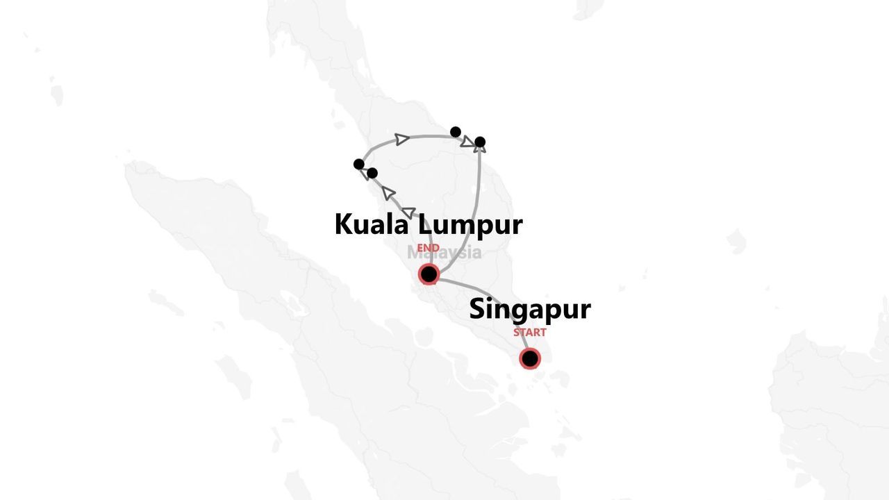 Un mapa minimalista que muestra un itinerario de viaje por Malasia, comenzando en Singapur y terminando en Kuala Lumpur.
