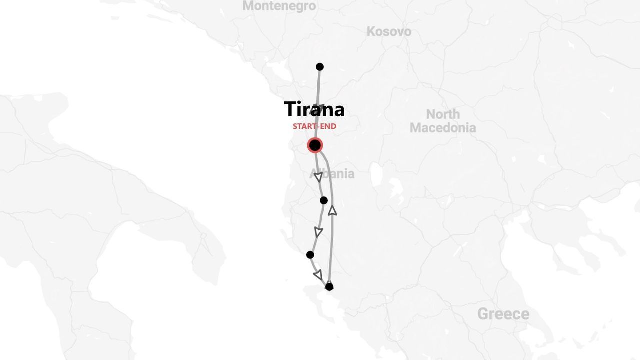 A map showing a travel itinerary through Albania, with the start and end point in Tirana.