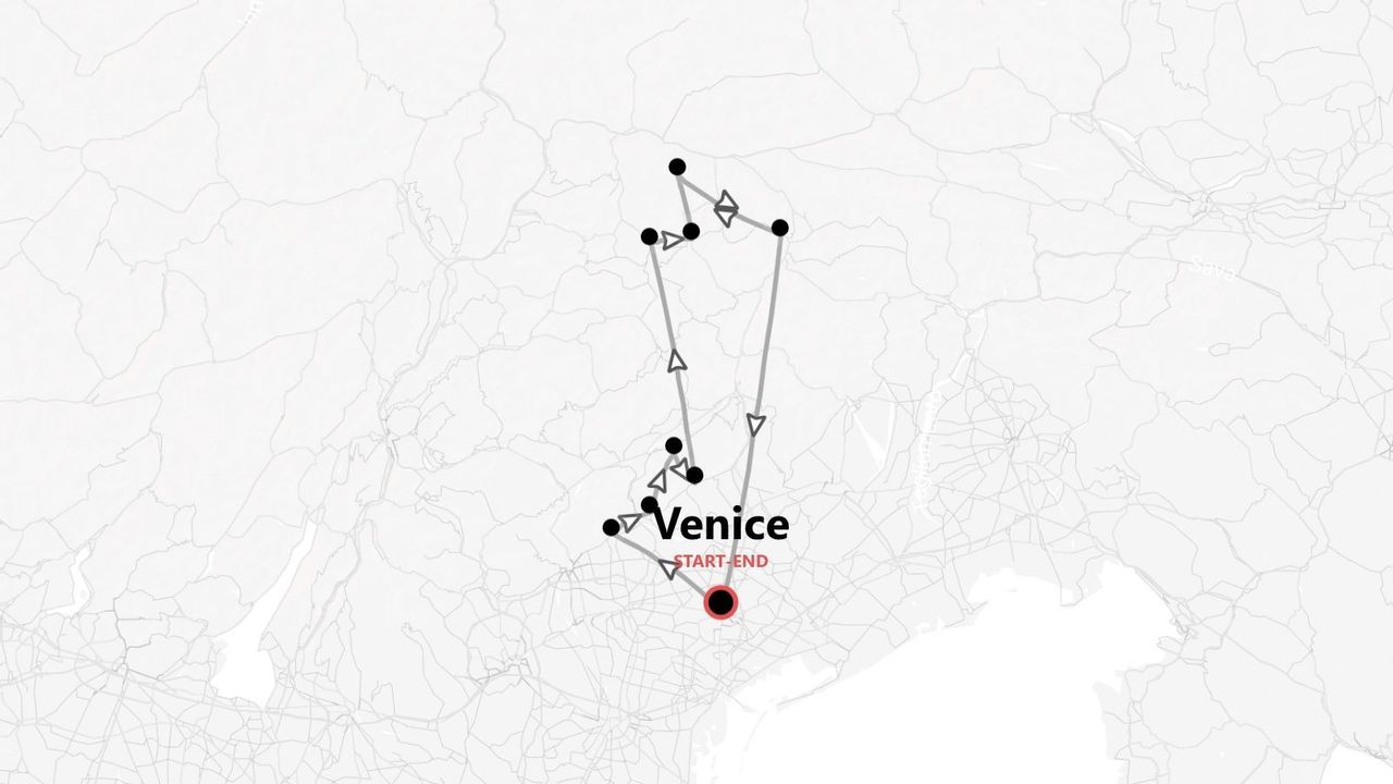 A minimalist map showing a tour route starting and ending in Venice, with stops indicated by black dots and arrows.