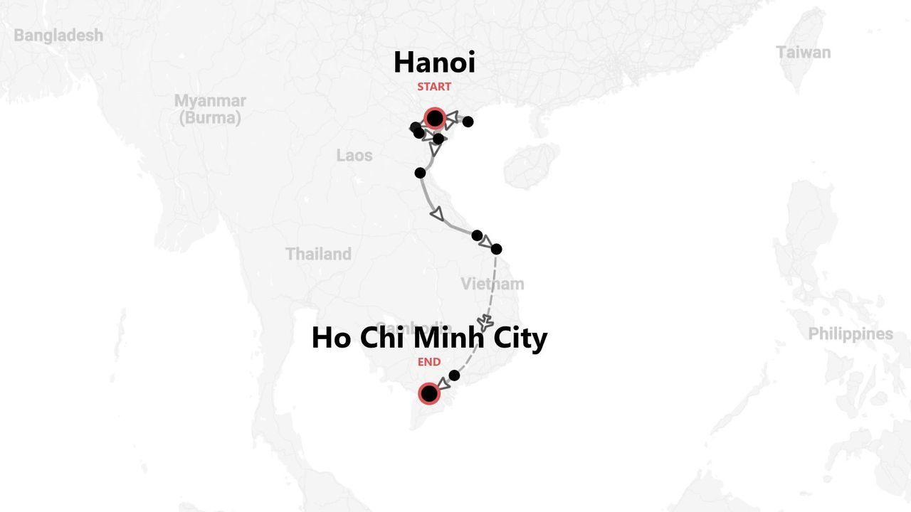Mapa de Vietnam con itinerario de viaje desde Hanói a Ciudad Ho Chi Minh.