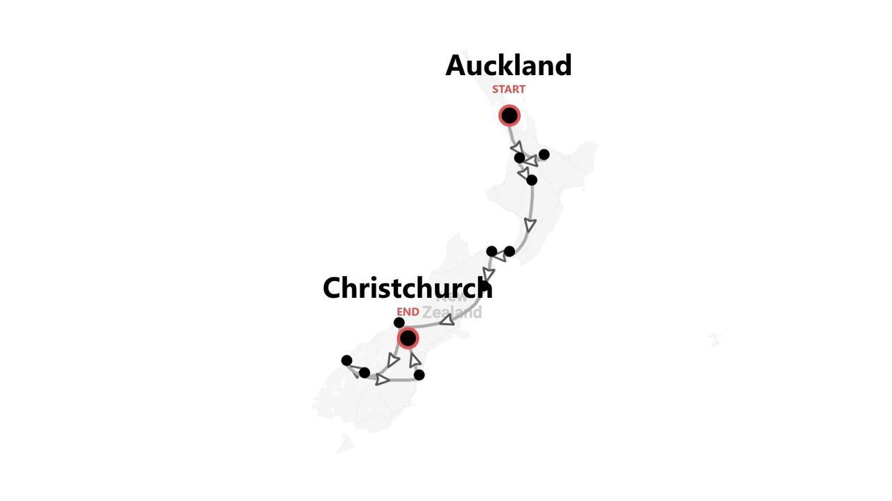 Una mappa di un itinerario di viaggio attraverso la Nuova Zelanda, con partenza da Auckland nell'Isola del Nord e arrivo a Christchurch nell'Isola del Sud.