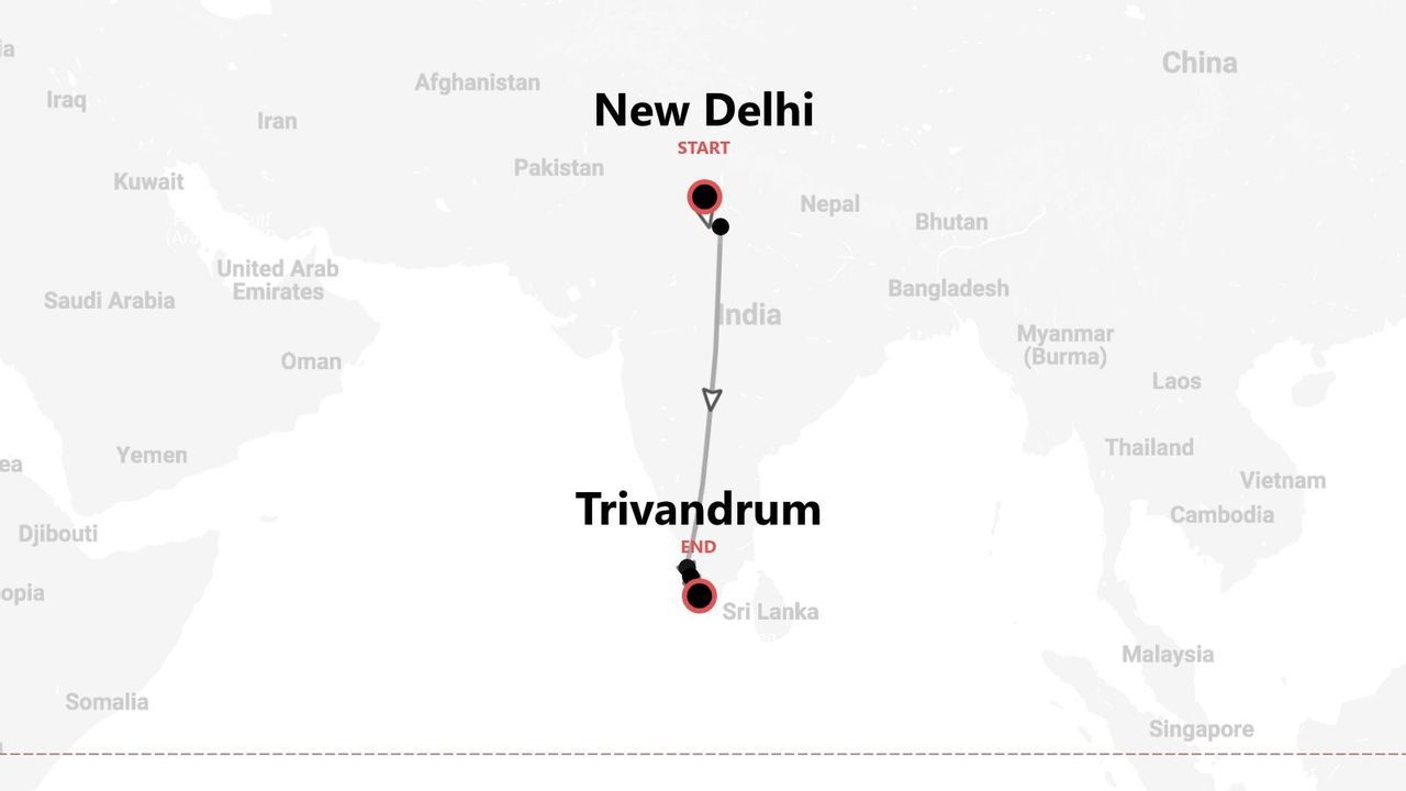Una mappa dell'India che mostra un itinerario di viaggio che inizia a Nuova Delhi e termina a Trivandrum.