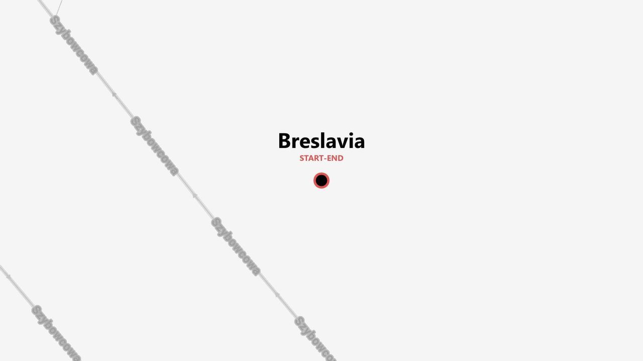 Una mappa minimalista che mostra un punto di partenza e arrivo per Breslavia e la via Szybowcowa.