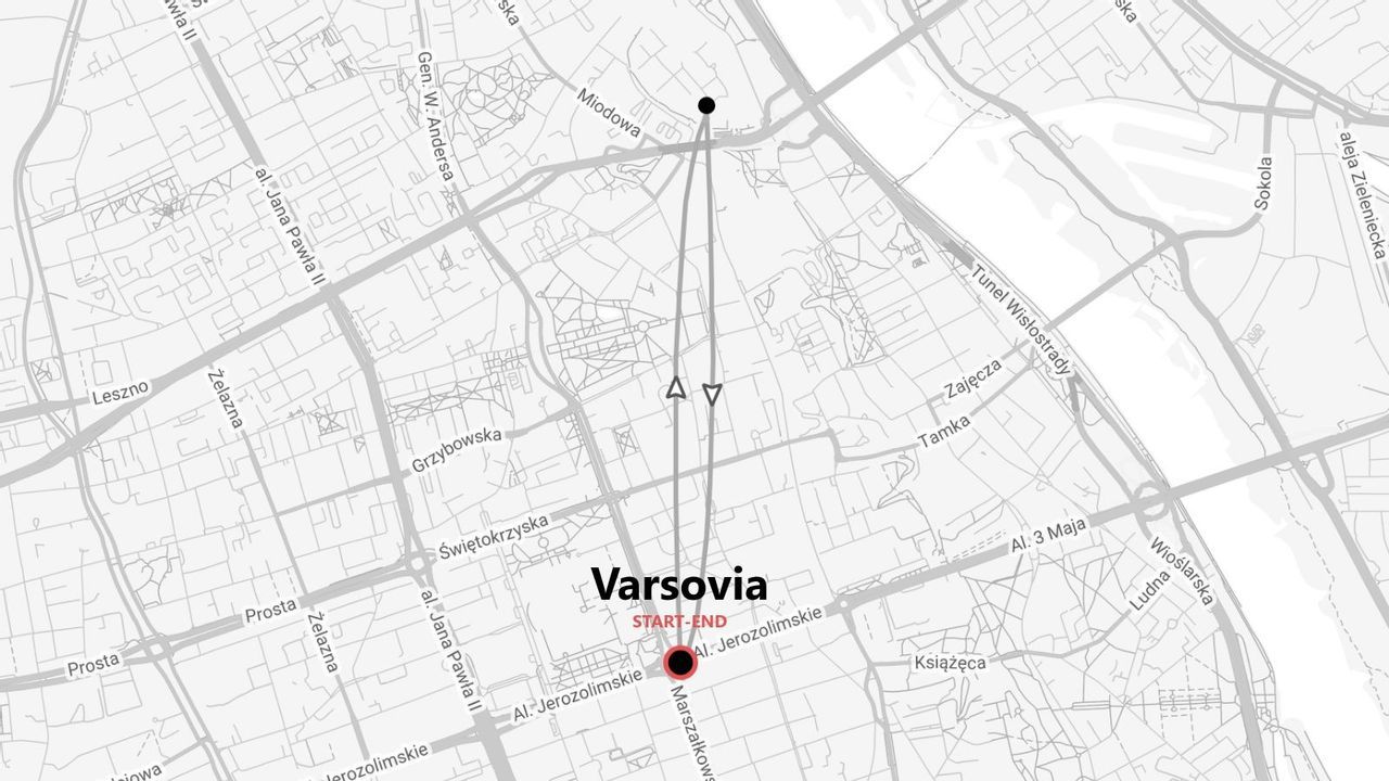 Un mapa en escala de grises mostrando un itinerario de viaje en Varsovia, con un punto de inicio y fin marcados en la Al. Jerozolimskie.