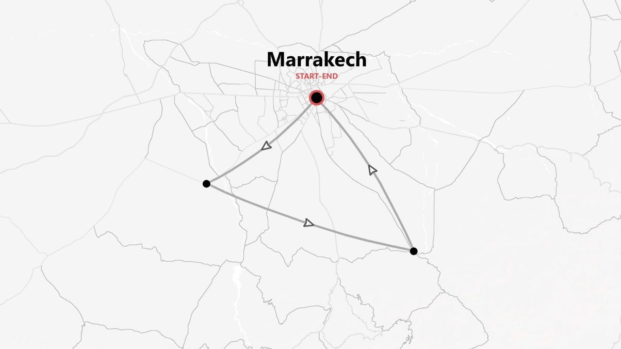 Mapa de un itinerario de viaje triangular que comienza y termina en Marrakech.