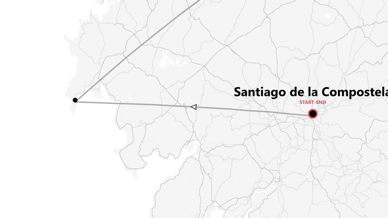 Un mapa estilizado que muestra un itinerario de viaje con líneas que conectan puntos, comenzando y terminando en Santiago de Compostela.