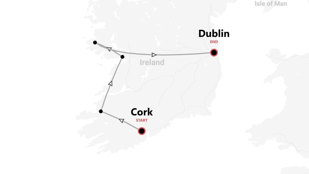 Un mapa de Irlanda que muestra una ruta de viaje comenzando en Cork y terminando en Dublín.