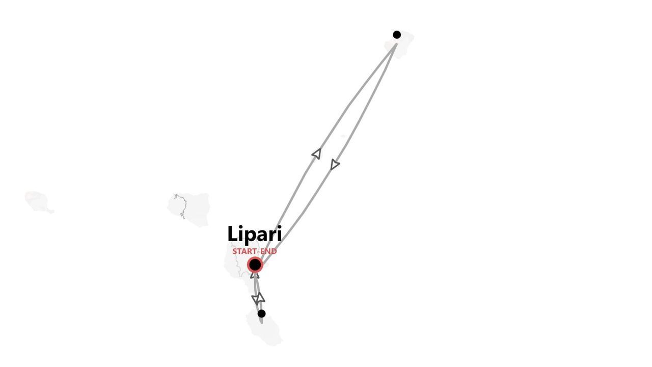 Una mappa minimalista che mostra un itinerario di viaggio intorno alle Isole Eolie, con il percorso che inizia e finisce a Lipari.