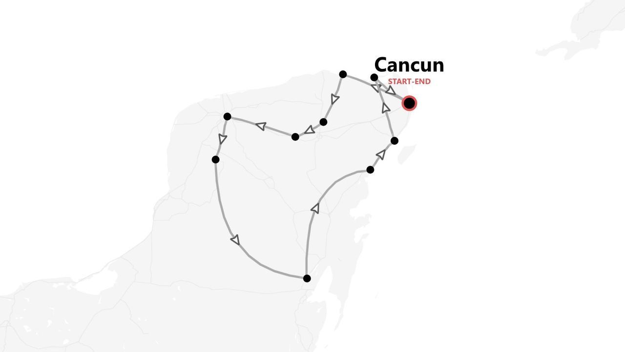 Una mappa minimalista che mostra un itinerario di viaggio ad anello, con partenza e arrivo a Cancun.