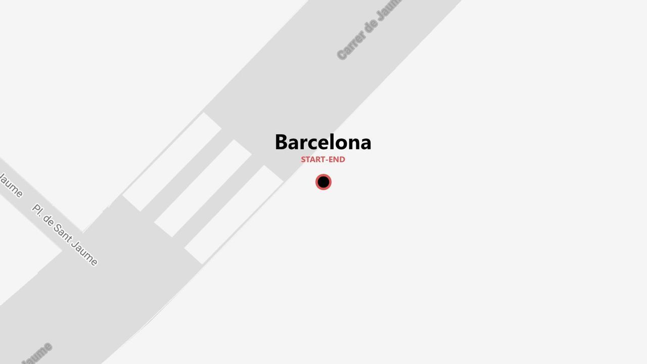 Eine minimalistische Karte von Barcelona, die einen Start- und Endpunkt an der Kreuzung von Carrer de Jaume und Plaça de Sant Jaume hervorhebt.