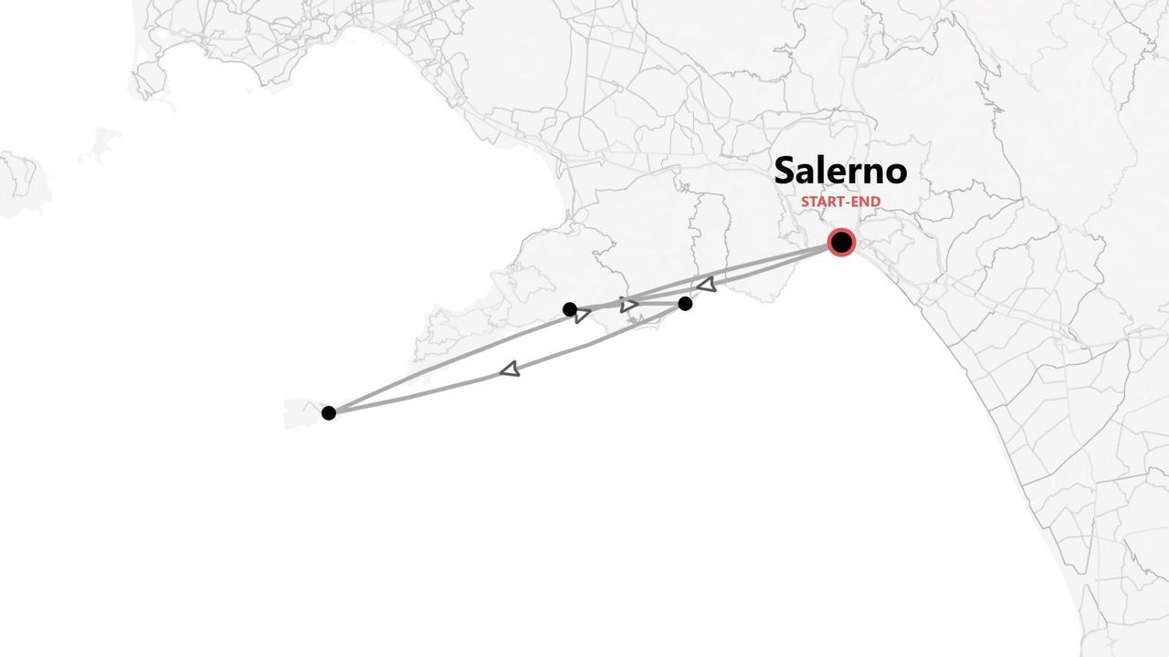Un mapa estilizado que muestra un itinerario de viaje con múltiples paradas, comenzando y terminando en la ciudad de Salerno.