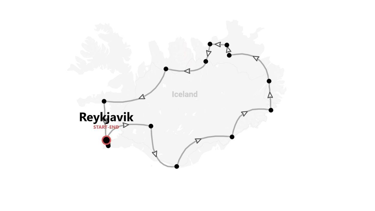 Un mapa de Islandia que muestra un itinerario de tour circular que comienza y termina en Reikiavik.