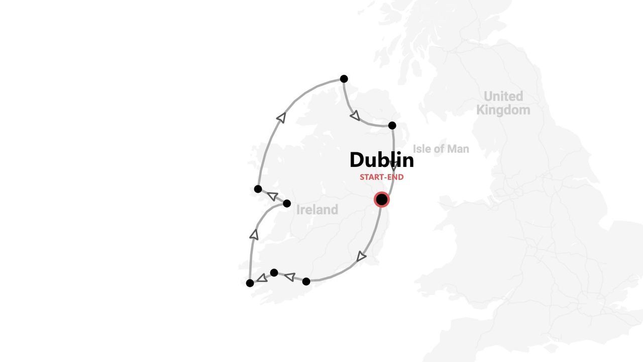 Un mapa que ilustra un itinerario de viaje circular por Irlanda. La ruta comienza y termina en la ciudad de Dublín.