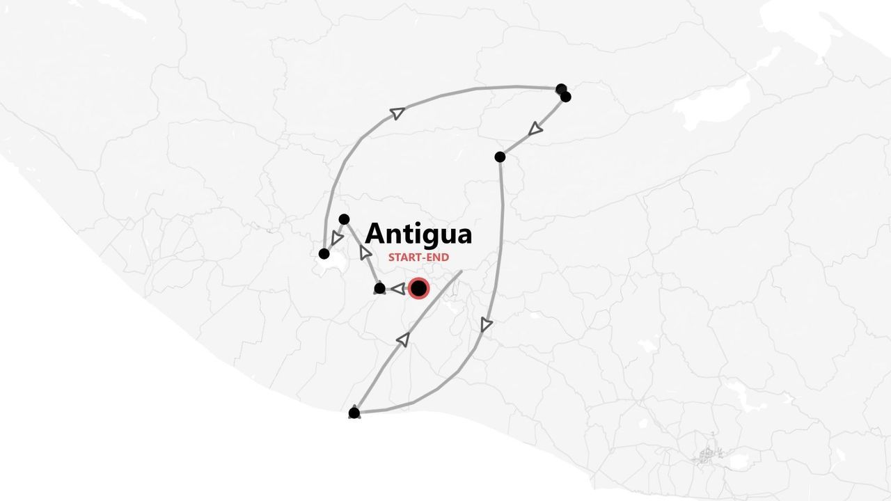 Eine minimalistische Karte, die eine Rundreise mit mehreren Stationen zeigt, beginnend und endend in Antigua.