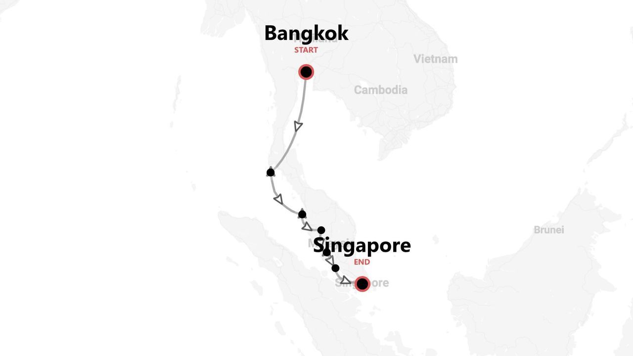 A map illustrating a travel itinerary route starting in Bangkok and ending in Singapore.