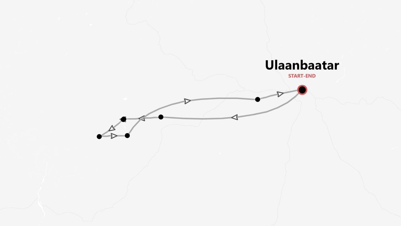 Eine Karte, die eine Rundreise-Reiseroute mit Start- und Endpunkt Ulaanbaatar zeigt.