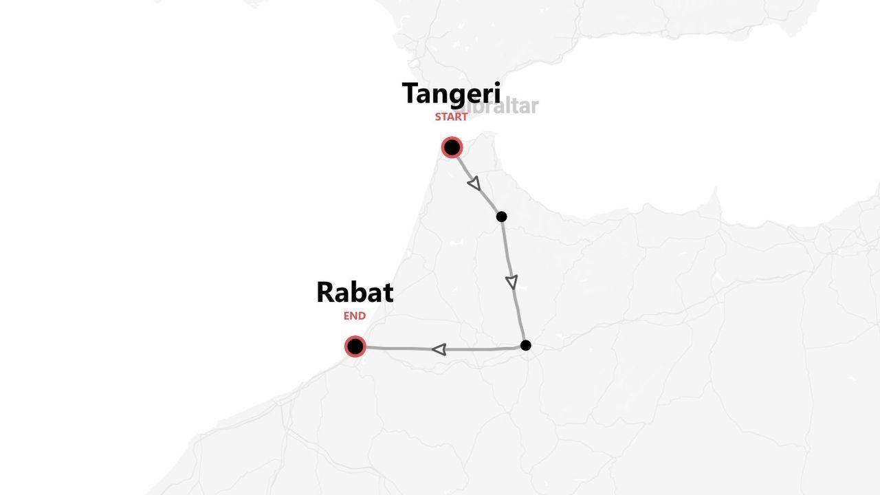 Mappa di un itinerario di viaggio in Marocco, con partenza da Tangeri e arrivo a Rabat.