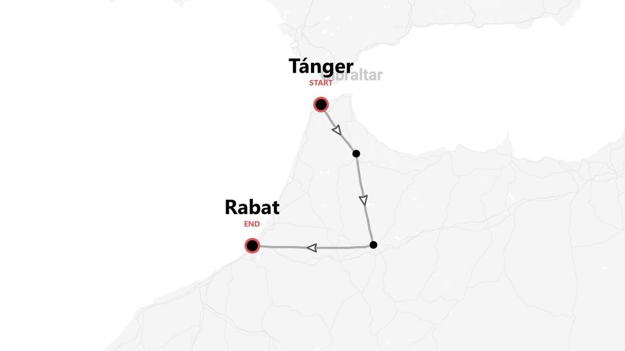 Un mapa minimalista de un itinerario de viaje de Tánger a Rabat, con la ruta indicada por una línea con flechas.