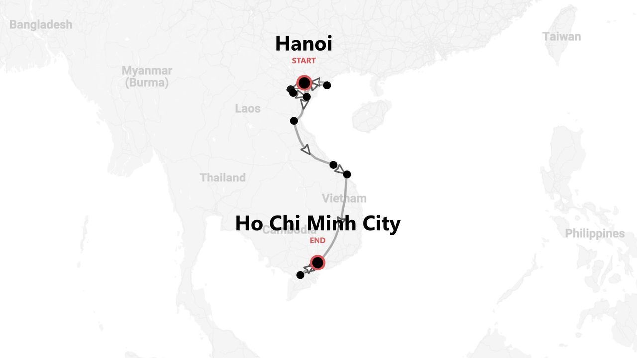 Eine Karte mit einer Reiseroute durch Vietnam, beginnend in Hanoi und endend in Ho-Chi-Minh-Stadt.