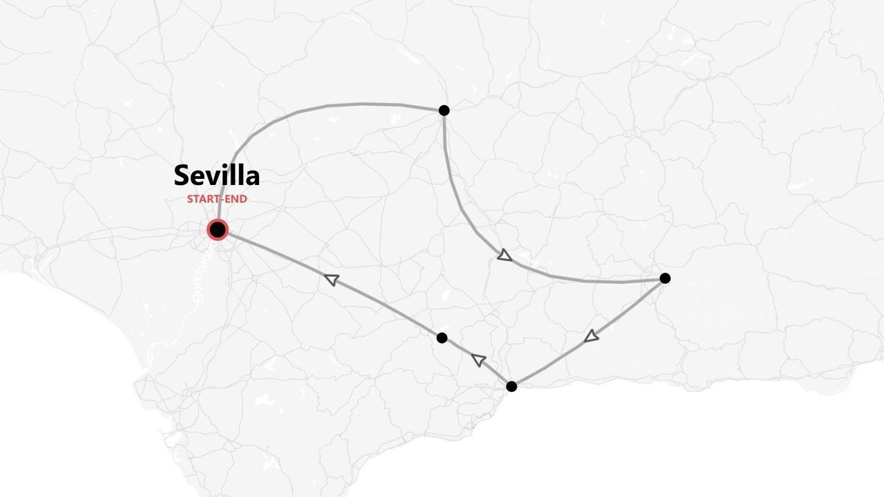Eine Karte einer Rundreise, die in Sevilla beginnt und endet, mit mehreren markierten Stopps entlang der Route.